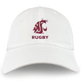 The Washington State University Adult Low-Profile Cotton Twill Dad Cap by EMB S&S Activewear features a classic white twill design with an embroidered maroon cougar logo and "RUGBY" on the front.