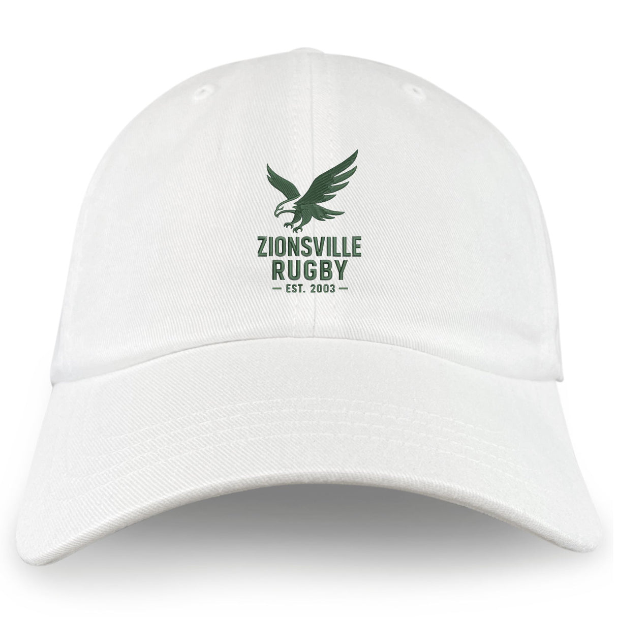 The EMB S&S Activewear Zionsville Rugby Club Adult Low-Profile Cotton Twill Dad Cap features an eagle graphic and "Zionsville Rugby Est. 2003" embroidery on the front.