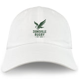 The EMB S&S Activewear Zionsville Rugby Club Adult Low-Profile Cotton Twill Dad Cap features an eagle graphic and "Zionsville Rugby Est. 2003" embroidery on the front.