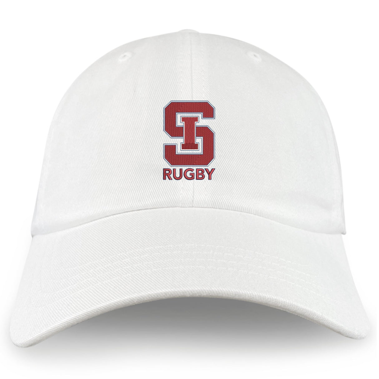 The St. Ignatius Rugby Adult Low-Profile Cotton Twill Dad Cap by EMB S&S Activewear is a white cap with a red "S" and bold "RUGBY" embroidered on the front.