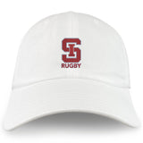 The St. Ignatius Rugby Adult Low-Profile Cotton Twill Dad Cap by EMB S&S Activewear is a white cap with a red "S" and bold "RUGBY" embroidered on the front.