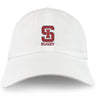 The St. Ignatius Rugby Adult Low-Profile Cotton Twill Dad Cap by EMB S&S Activewear is a white cap with a red "S" and bold "RUGBY" embroidered on the front.