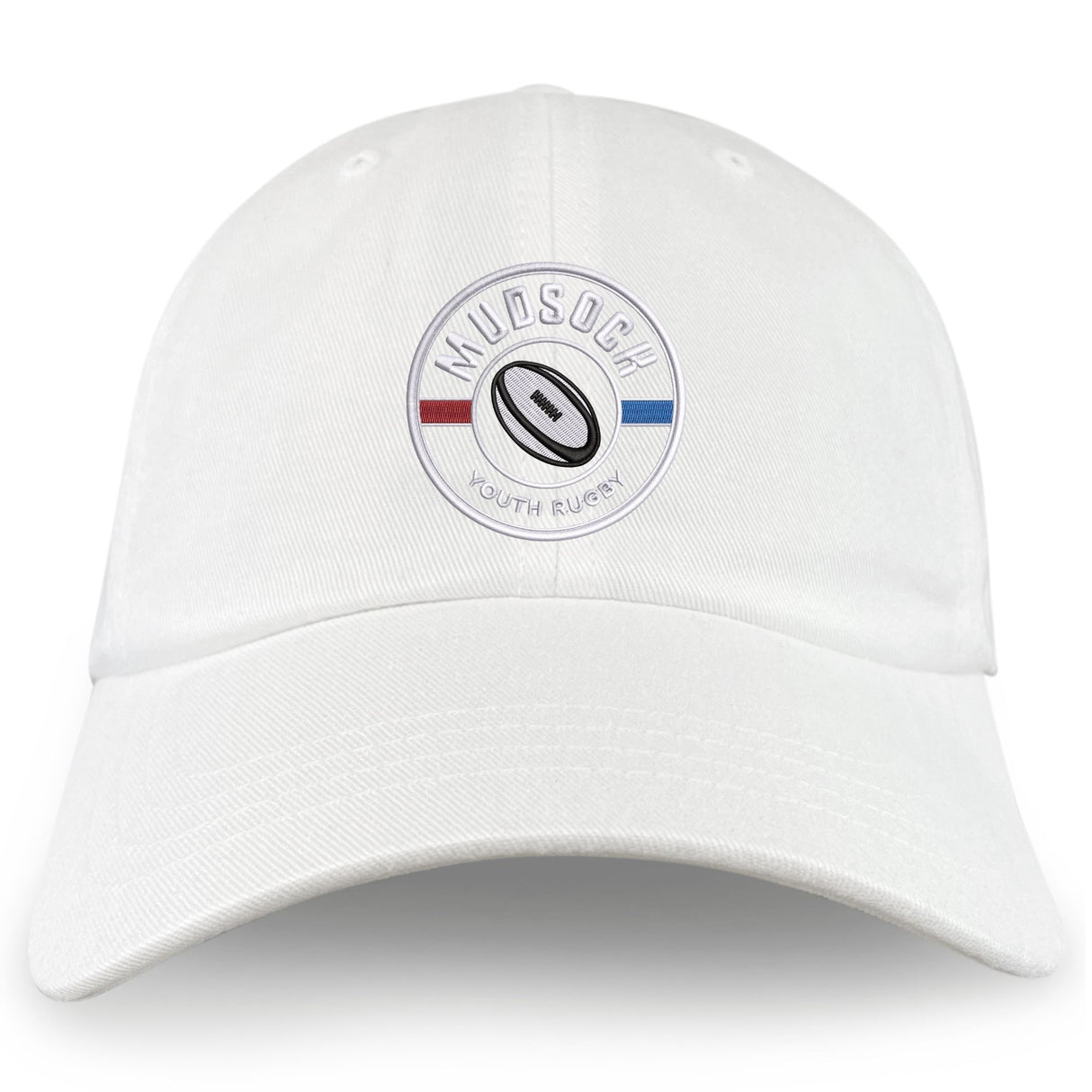 The EMB S&S Activewear Mudsock Rugby Adult Low-Profile Cotton Twill Dad Cap features a circular "MUDSOCK YOUTH RUGBY" patch with a rugby ball and red and blue lines on the front.