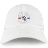 The EMB S&S Activewear Mudsock Rugby Adult Low-Profile Cotton Twill Dad Cap features a circular "MUDSOCK YOUTH RUGBY" patch with a rugby ball and red and blue lines on the front.