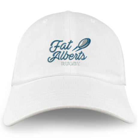 The EMB S&S Activewear Gulf Coast Fat Alberts Adult Low-Profile Cotton Twill Dad Cap features embroidered "Fat Alberts Rugby" and a rugby ball team logo on the front.