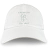 The Amoskeag Rugby Club Adult Low-Profile Cotton Twill Dad Cap by EMB S&S Activewear is a white dad cap featuring an embroidered outline ram's head and "AMOSKEAG Est. 1984" on the front.