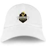 The EMB S&S Activewear Chicago Riot Adult Low-Profile Cotton Twill Dad Cap features an embroidered team logo with a raised fist and yellow-black shield on the front.