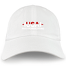 The EMB S&S Activewear USA Para Powerlifting Adult Low-Profile Cotton Twill Dad Cap features "USA" embroidered in red, a barbell graphic, and "Para Powerlifting" in white on the front.