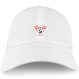 The Superior Rugby Club Adult Low-Profile Cotton Twill Dad Cap by EMB S&S Activewear is a white cotton twill hat with an embroidered red and black "Superior Rugby RFC" winged logo on the front center.