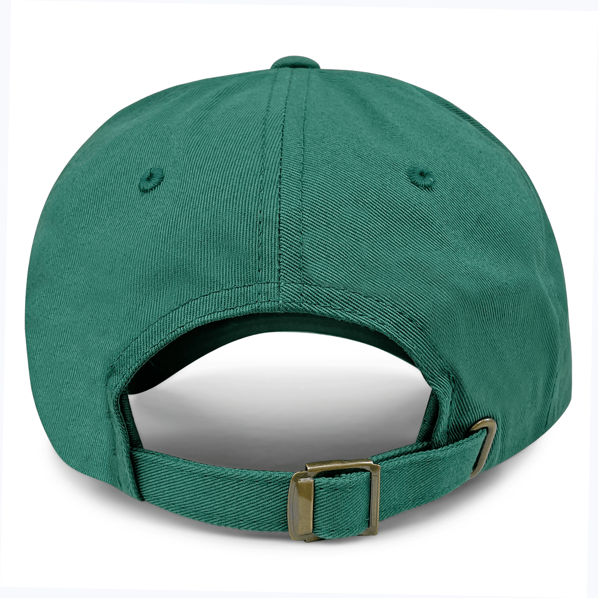 The Birmingham Rugby Text Logo Dad Cap by EMB S&S Activewear is shown from the back, highlighting its adjustable strap with a metal buckle and stitched eyelets on each side.