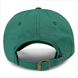 The Birmingham Rugby Text Logo Dad Cap by EMB S&S Activewear is shown from the back, highlighting its adjustable strap with a metal buckle and stitched eyelets on each side.