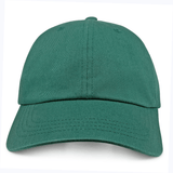 The S&S Activewear Adult Low-Profile Cotton Twill Dad Cap is shown in plain green from the front, crafted from soft cotton twill and displayed against a light background.