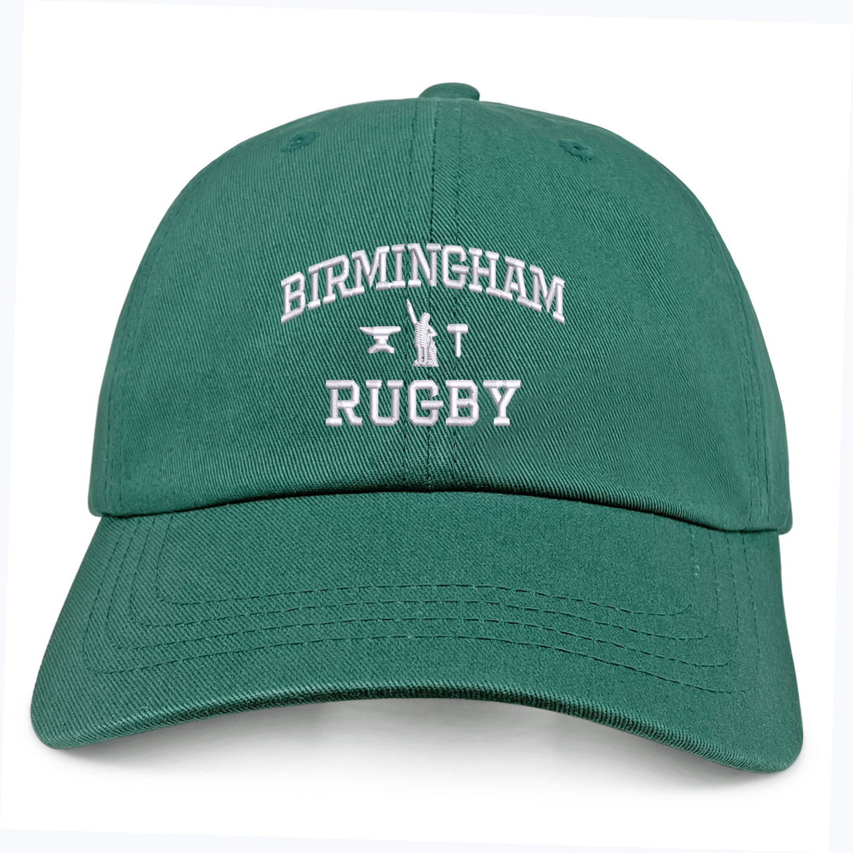 The Birmingham Rugby Text Logo Dad Cap by EMB S&S Activewear features “Birmingham Rugby” embroidered in white on the front along with small icons of a rugby goalpost and player—this classic embroidered team hat is perfect for both fans and players.