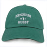The Birmingham Rugby Text Logo Dad Cap by EMB S&S Activewear features “Birmingham Rugby” embroidered in white on the front along with small icons of a rugby goalpost and player—this classic embroidered team hat is perfect for both fans and players.