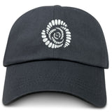 The Missoula All-Maggots Adult Low-Profile Cotton Twill Dad Cap by EMB S&S Activewear features a black design with a white spiral shell embroidered on the front center and subtle team branding for a sporty, rugby-inspired look.