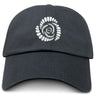 The Missoula All-Maggots Adult Low-Profile Cotton Twill Dad Cap by EMB S&S Activewear features a black design with a white spiral shell embroidered on the front center and subtle team branding for a sporty, rugby-inspired look.