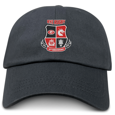 The EMB S&S Activewear Rye High School 10 Year Adult Low-Profile Cotton Twill Dad Cap features embroidered red, white, and black team branding on the front.