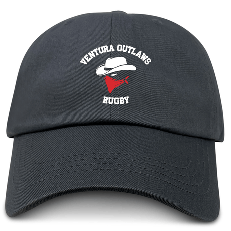 The Ventura Outlaws Rugby Adult Low-Profile Cotton Twill Dad Cap by EMB S&S Activewear features "Ventura Outlaw's Rugby" embroidery, a white cowboy hat, and a red bandana graphic on the front.