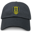 The Gotham Knights Adult Low-Profile Cotton Twill Dad Cap by EMB S&S Activewear is black with an embroidered yellow and black shield logo featuring a dragon and "GKRFC NYC" text on the front.