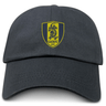 The Gotham Knights Adult Low-Profile Cotton Twill Dad Cap by EMB S&S Activewear is black with an embroidered yellow and black shield logo featuring a dragon and "GKRFC NYC" text on the front.