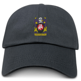 The Bullard Rugby Adult Low-Profile Cotton Twill Dad Cap by EMB S&S Activewear features a black twill design with an embroidered crest—knight's helmet, purple/yellow details, red shield, and "Bullard Rugby Club"—for vintage style.