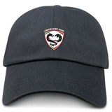 The Loudoun Adult Low-Profile Cotton Twill Dad Cap by EMB S&S Activewear is a black dad hat with the Loudoun County Rugby logo—featuring a stylized horse and rugby ball—embroidered on the front.