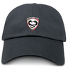 The Loudoun Adult Low-Profile Cotton Twill Dad Cap by EMB S&S Activewear is a black dad hat with the Loudoun County Rugby logo—featuring a stylized horse and rugby ball—embroidered on the front.