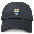 The EMB S&S Activewear Milwaukee Beer Barons RFC Adult Low-Profile Cotton Twill Dad Cap is black, with a blue, gold, and white embroidered "MKE Beer Barons GFC" crest on the front.