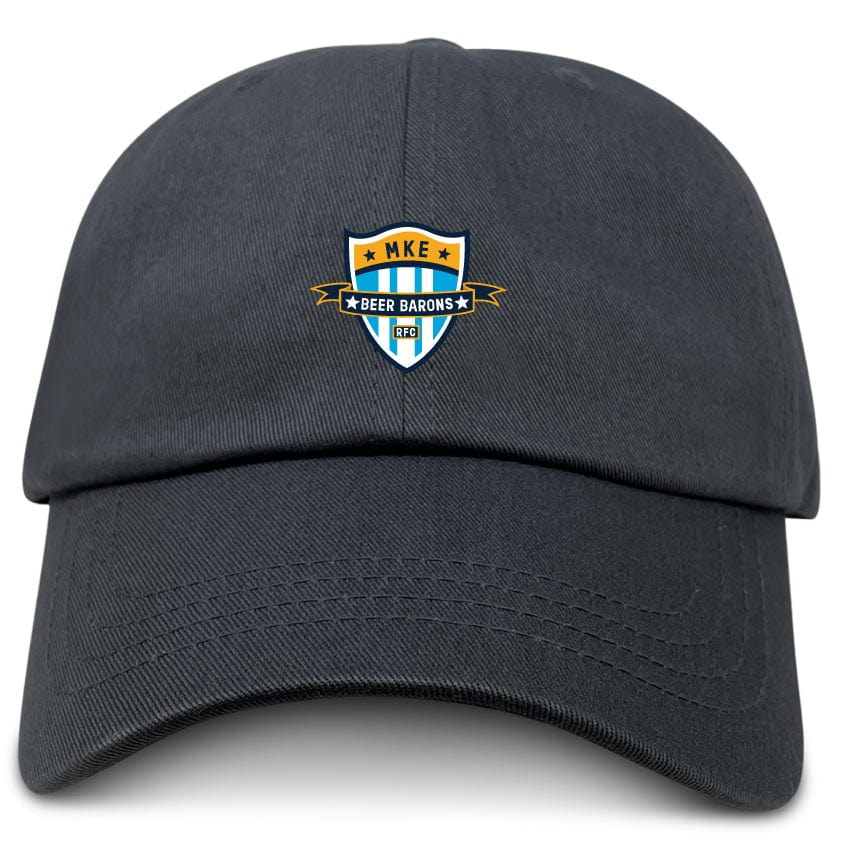The EMB S&S Activewear Milwaukee Beer Barons RFC Adult Low-Profile Cotton Twill Dad Cap is black, with a blue, gold, and white embroidered "MKE Beer Barons GFC" crest on the front.