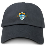The EMB S&S Activewear Milwaukee Beer Barons RFC Adult Low-Profile Cotton Twill Dad Cap is black, with a blue, gold, and white embroidered "MKE Beer Barons GFC" crest on the front.