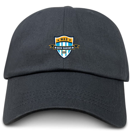 The EMB S&S Activewear Milwaukee Beer Barons RFC Adult Low-Profile Cotton Twill Dad Cap is black, with a blue, gold, and white embroidered "MKE Beer Barons GFC" crest on the front.