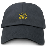 The Trinity College Adult Low-Profile Cotton Twill Dad Cap by EMB S&S Activewear is a black dad cap with embroidered yellow "Trinity Rugby" logo, rooster, and rugby ball on the front.