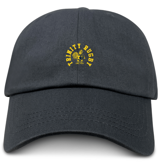The Trinity College Adult Low-Profile Cotton Twill Dad Cap by EMB S&S Activewear is a black dad cap with embroidered yellow "Trinity Rugby" logo, rooster, and rugby ball on the front.