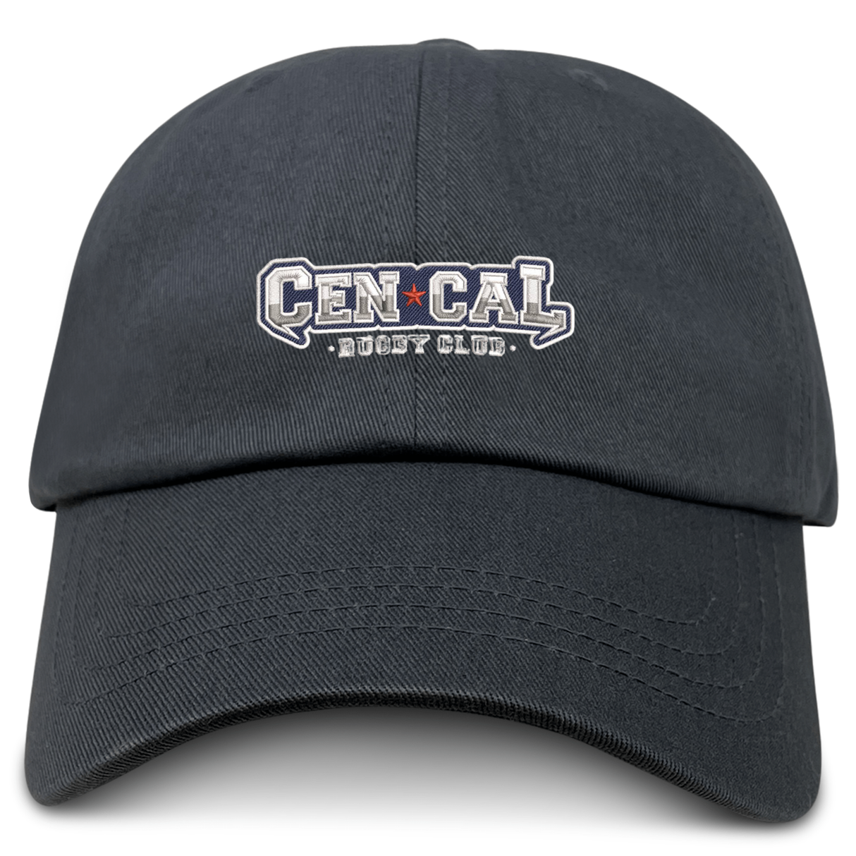 The EMB S&S Activewear CenCal Rugby Adult Low-Profile Cotton Twill Dad Cap is a black hat with bold white and gray "CEN CAL BOOT CLUB" embroidered team branding across the front.