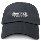 The EMB S&S Activewear CenCal Rugby Adult Low-Profile Cotton Twill Dad Cap is a black hat with bold white and gray "CEN CAL BOOT CLUB" embroidered team branding across the front.