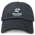 The EMB S&S Activewear NC Rugby Academy - Megalodons Adult Low-Profile Cotton Twill Dad Cap features a black design with an embroidered shark head logo and "Megalodons NC Rugby Academy" on the front for bold team branding.