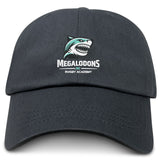 The EMB S&S Activewear NC Rugby Academy - Megalodons Adult Low-Profile Cotton Twill Dad Cap features a black design with an embroidered shark head logo and "Megalodons NC Rugby Academy" on the front for bold team branding.