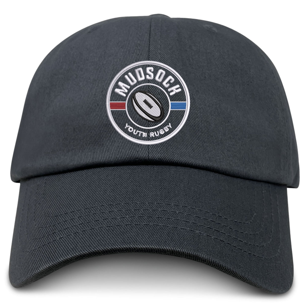 The Mudsock Rugby Adult Low-Profile Cotton Twill Dad Cap by EMB S&S Activewear features a black embroidered circular logo with “Mudsock Youth Rugby,” a rugby ball, and red/blue stripes—perfect for displaying team pride.