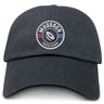 The Mudsock Rugby Adult Low-Profile Cotton Twill Dad Cap by EMB S&S Activewear features a black embroidered circular logo with “Mudsock Youth Rugby,” a rugby ball, and red/blue stripes—perfect for displaying team pride.