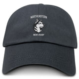 The EMB S&S Activewear Northeastern University Men's Rugby Adult Low-Profile Cotton Twill Dad Cap features a black design with an embroidered husky head logo on the front.