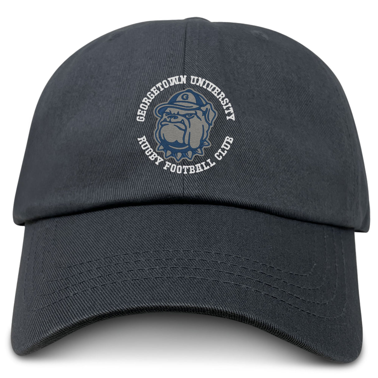 The EMB S&S Activewear Georgetown University RFC Adult Low-Profile Cotton Twill Dad Cap features embroidered team branding and the bulldog logo on the front.
