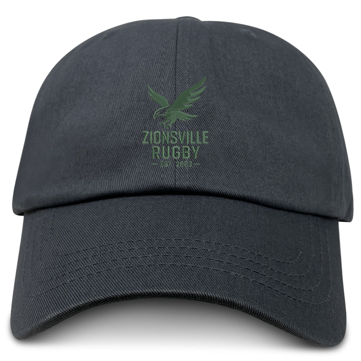The EMB S&S Activewear Zionsville Rugby Club Adult Low-Profile Cotton Twill Dad Cap is black, featuring "Zionsville Rugby Est. 2002" and a green eagle logo embroidered on the front.