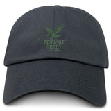 The EMB S&S Activewear Zionsville Rugby Club Adult Low-Profile Cotton Twill Dad Cap is black, featuring "Zionsville Rugby Est. 2002" and a green eagle logo embroidered on the front.
