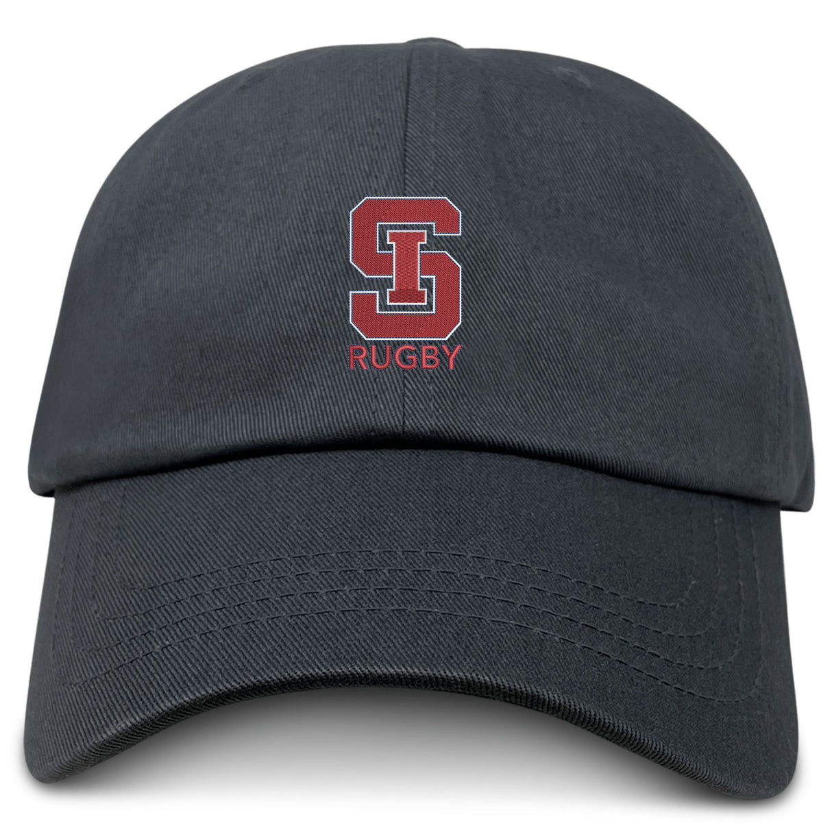 The St. Ignatius Rugby Adult Low-Profile Cotton Twill Dad Cap by EMB S&S Activewear features a black cotton twill design with a red and white "S" logo and "RUGBY" embroidered team branding on the front.