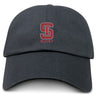 The St. Ignatius Rugby Adult Low-Profile Cotton Twill Dad Cap by EMB S&S Activewear features a black cotton twill design with a red and white "S" logo and "RUGBY" embroidered team branding on the front.