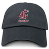 The EMB S&S Activewear Washington State University Adult Low-Profile Cotton Twill Dad Cap features a black design with a red and white cougar logo, "RUGBY," and embroidered team branding on the front.