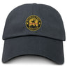 The EMB S&S Activewear Pittsburgh Forge Adult Low-Profile Cotton Twill Dad Cap features the team logo in yellow, red, and black embroidery on a black hat—ideal as a stylish dad cap or team accessory for fans.