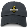 The EMB S&S Activewear Chicago Riot Adult Low-Profile Cotton Twill Dad Cap is black with embroidered "Chicago Riot Rugby Football Club" logo, a raised fist, and gold accents on the front.