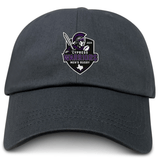 The EMB S&S Activewear Cypress Warriors Men's Rugby Adult Low-Profile Cotton Twill Dad Cap features a black design with embroidered "Cypress Warriors Men's Rugby 2024" logo, helmet, and sword on the front.