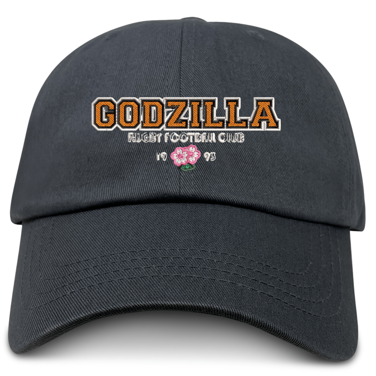 Introducing the Godzilla Rugby Football Club Adult Low-Profile Cotton Twill Dad Cap by EMB S&S Activewear—a timeless black cap crafted from durable cotton twill. This dad cap showcases “GODZILLA RUGBY FOOTBALL CLUB 1993” boldly embroidered in vibrant orange and white, accented with a small pink flower beneath the text. Meticulous team embroidery delivers standout style and authentic branding.